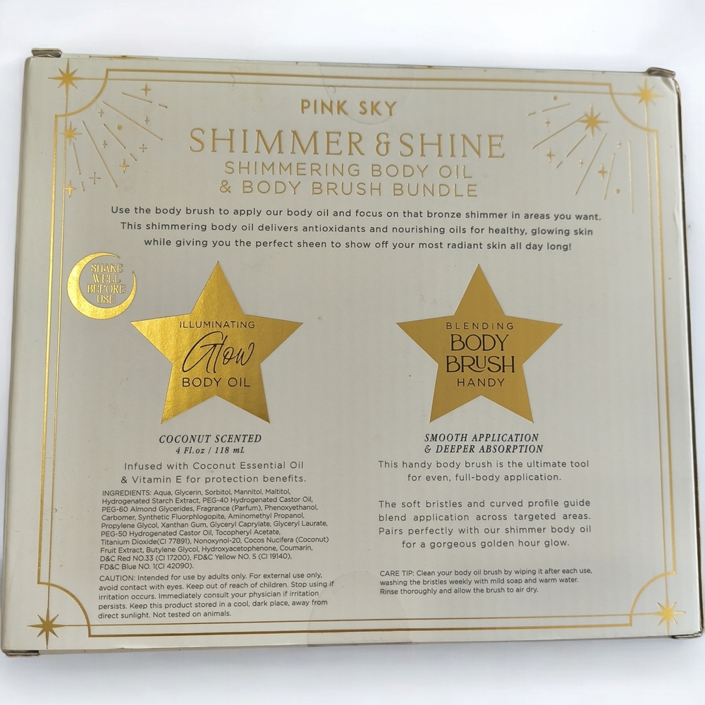 NWT Pink Sky Shimmer & Shine Coconut Scented Shimmering Body Oil & Brush Bundle - Picture 3 of 5